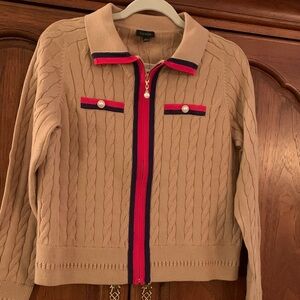 Talbots-Women’s Beige Cable Knit Zip Sweater/Cardigan Red & Navy Trim Size S NWT